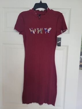 NWT A-lab Maroon Bodycon Streetwrear Dress With Butterflies Sz Small